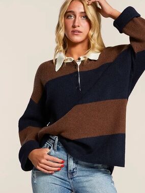 Nordstrom Workshop Navy & Brown Striped Henley Collared Pullover Sweater
